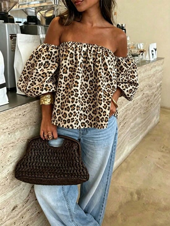 Tops - Multicolor Casual Women's Vacation Leopard Print Shoulder Top